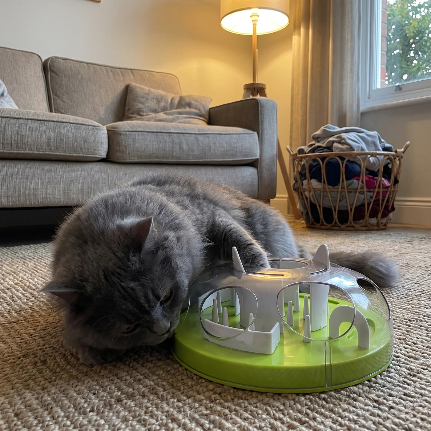 Grey cat working at a slow feeder cat puzzle on a living-room rug