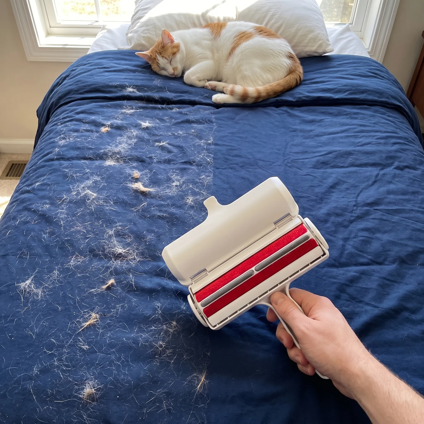 Pet hair remover roller clearing cat hair from a navy duvet, half done