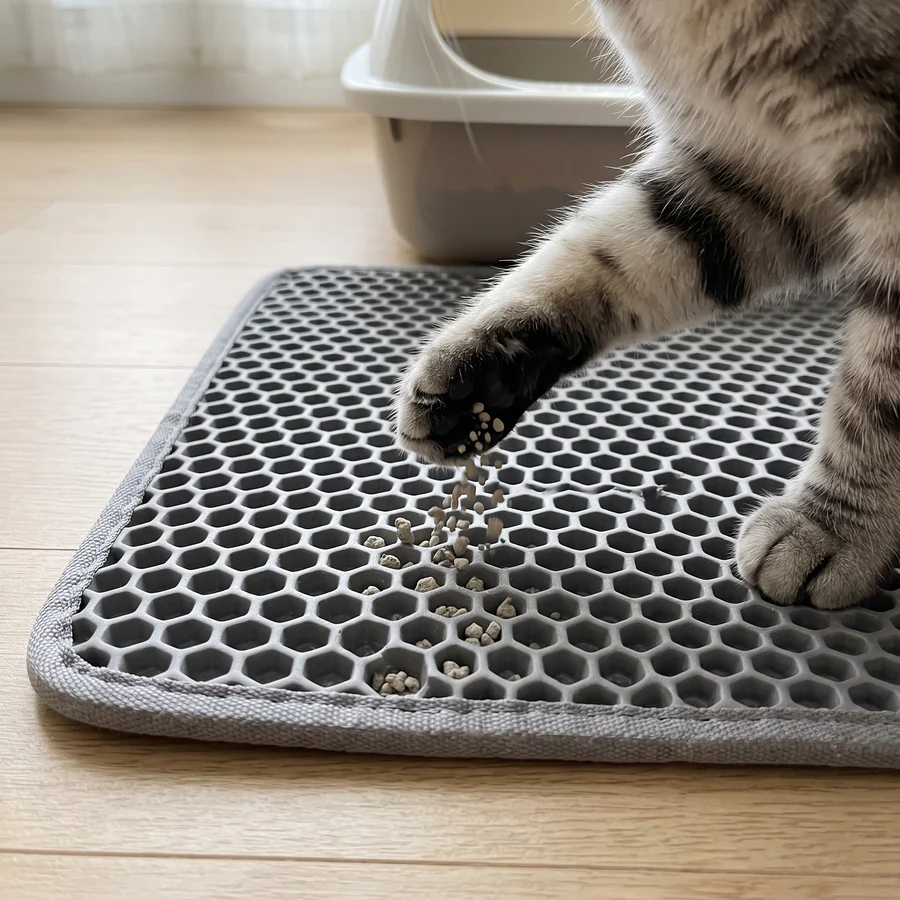 Cat paw stepping on The Landing Pad honeycomb cat litter mat as litter falls into the holes
