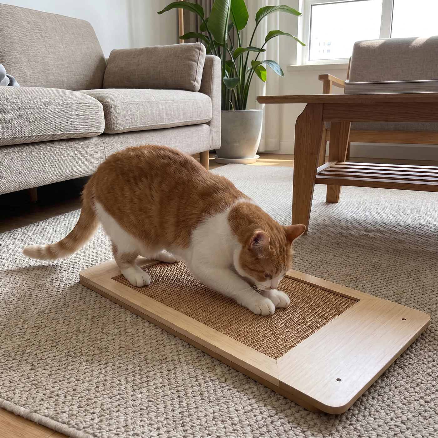 Cat scratching a sisal cat scratcher board laid flat on a living-room rug