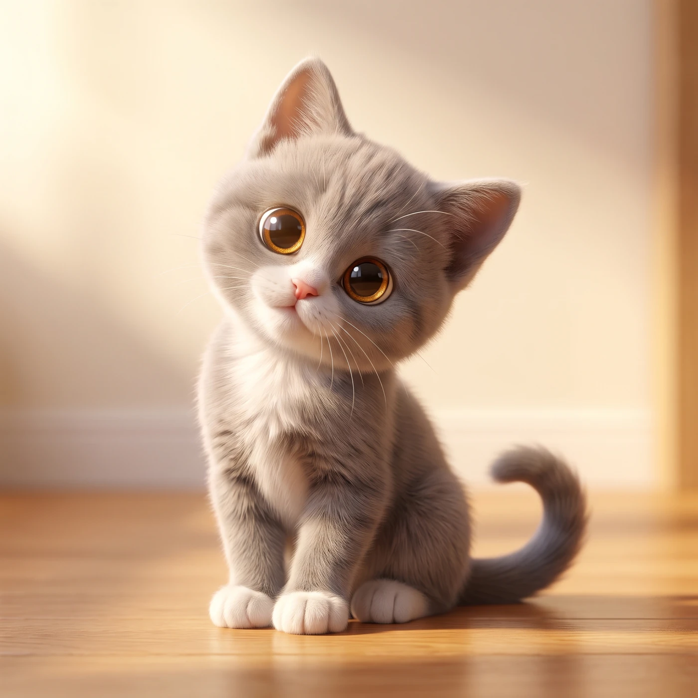 Fig, a grey kitten, photographed at the desk